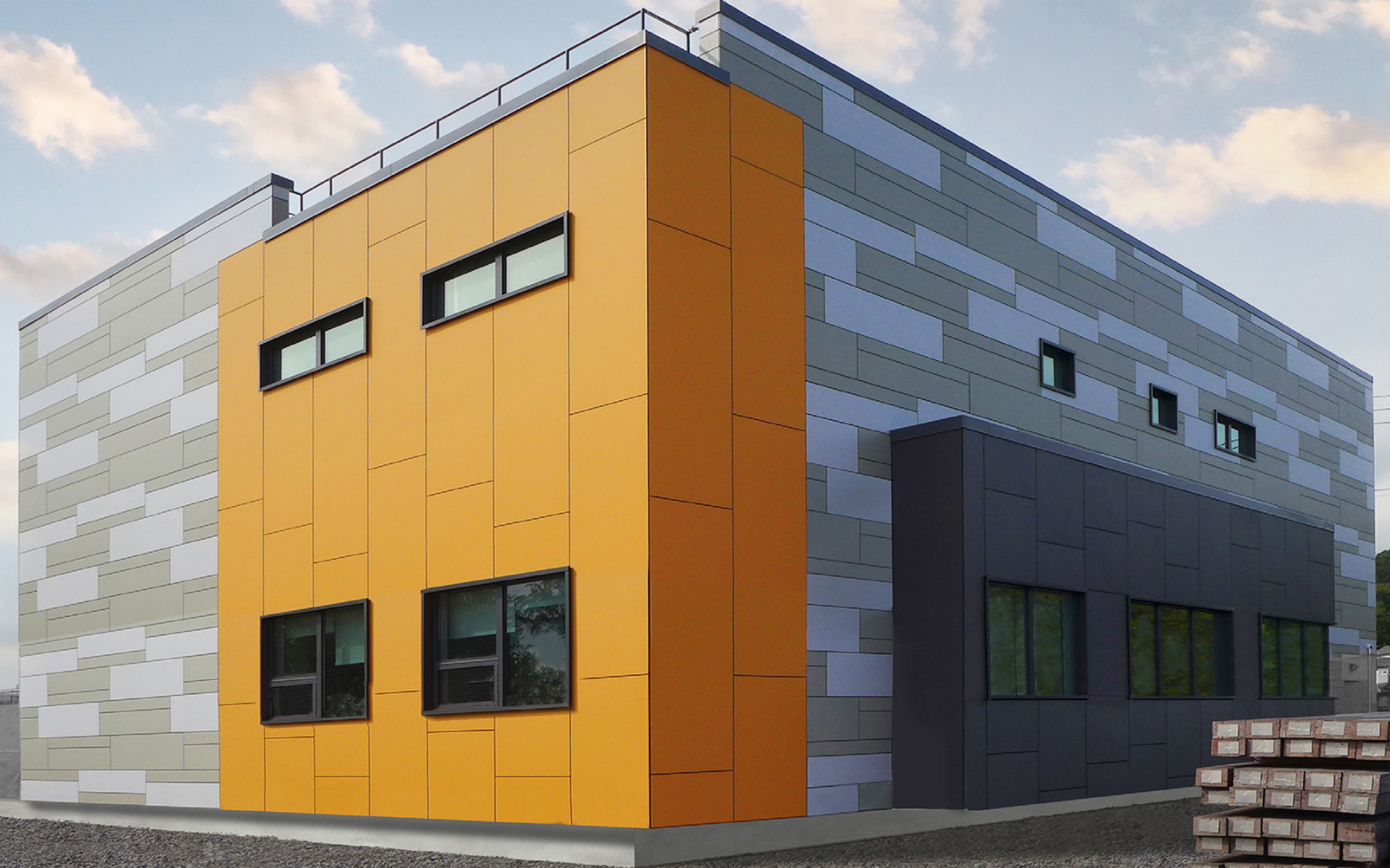 Colorful yellow façade at the backend of the police facility