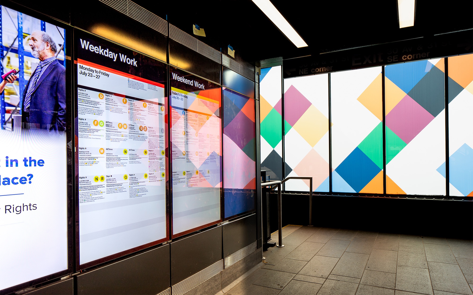 Subway station information panels and public art.