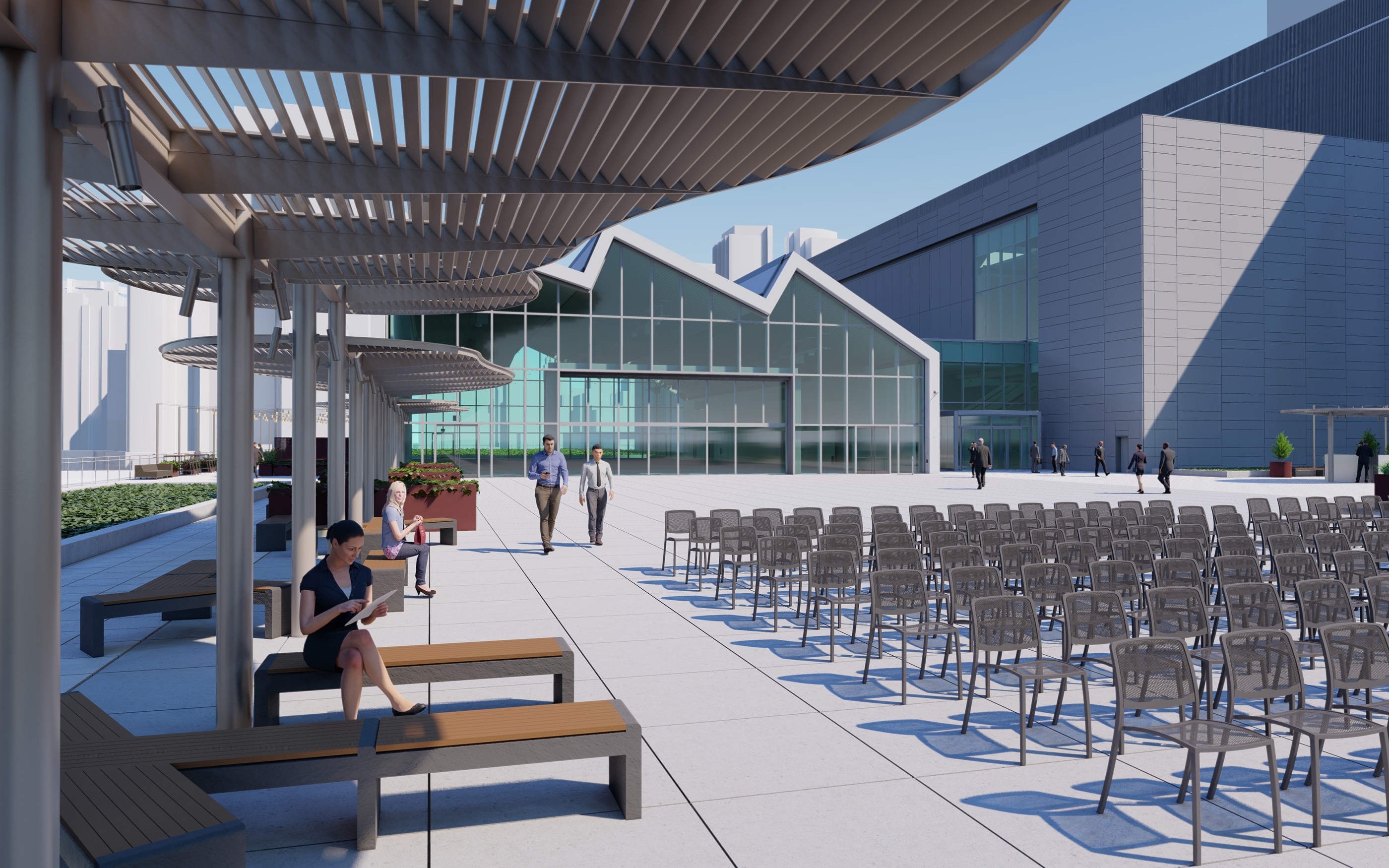 Javits Center roof terrace meeting spaces with trellises and benching