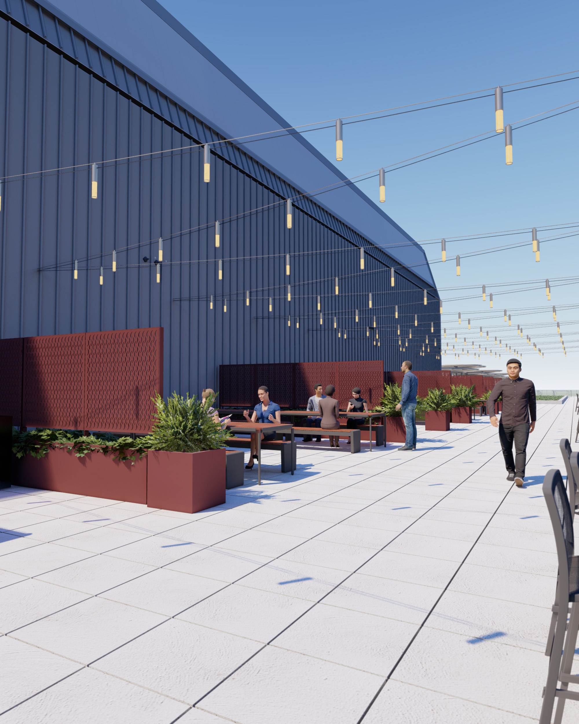 Javits Center roof terrace benching with string lights