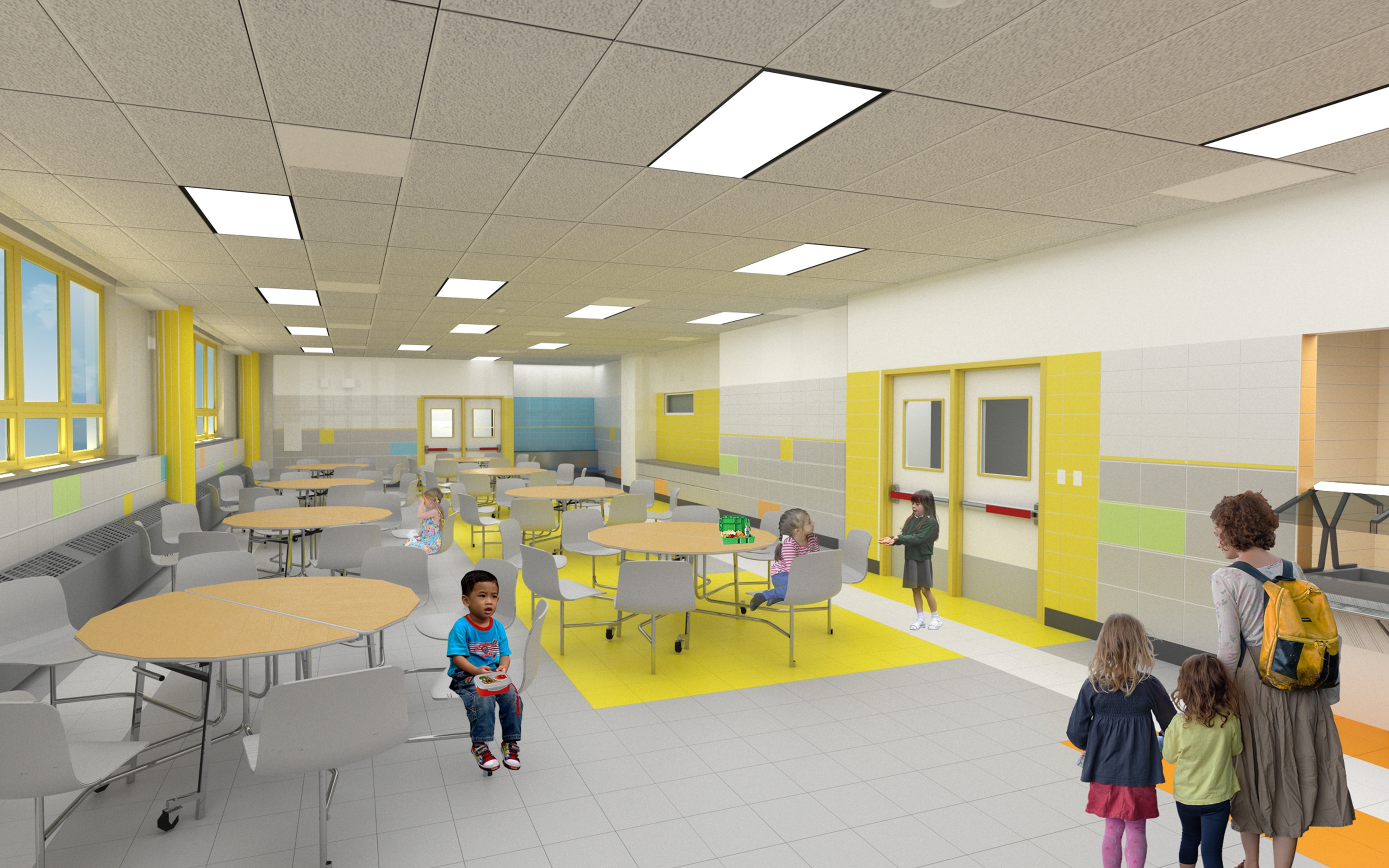 cafeteria rendering with colorful design details