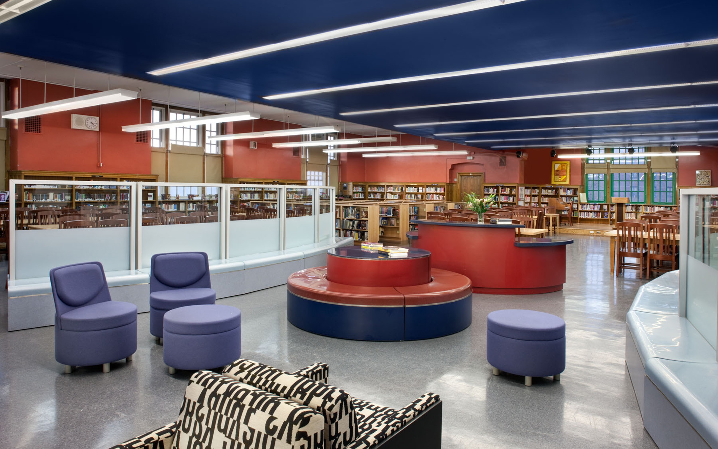 New Visions Public Libraries purple seating area and acoustic panels