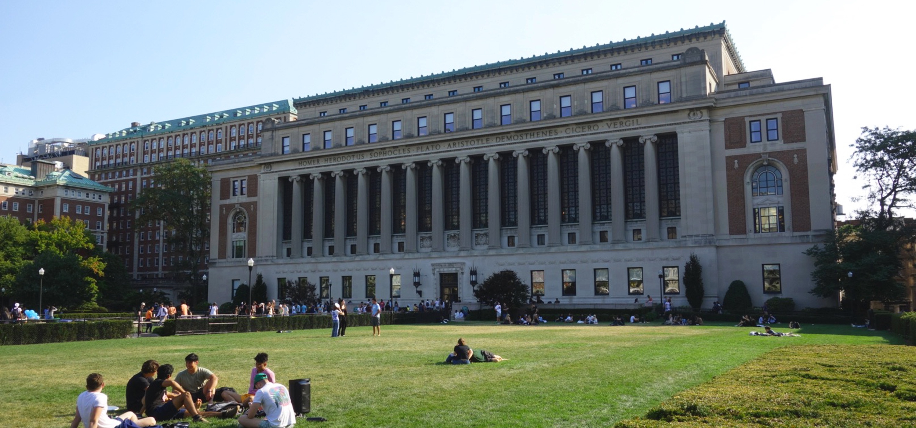 Columbia University Butler Library students on the quad