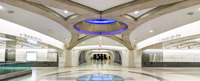 Grand Central Madison skylight with colored lighting