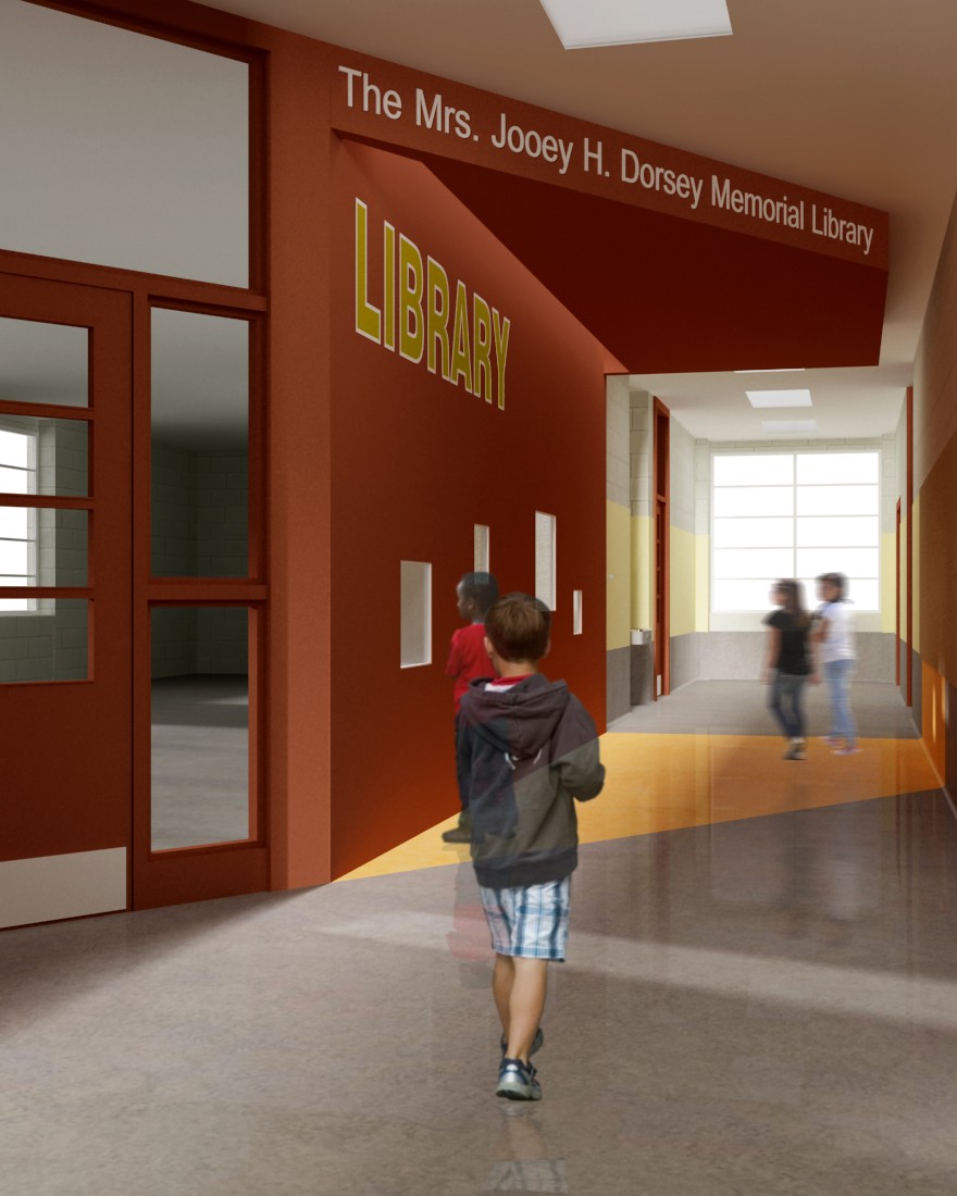interior render of hallway to library