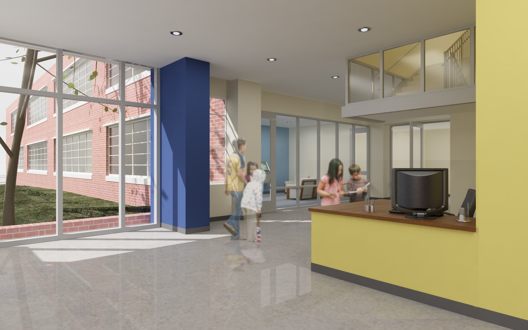 interior render of school lobby