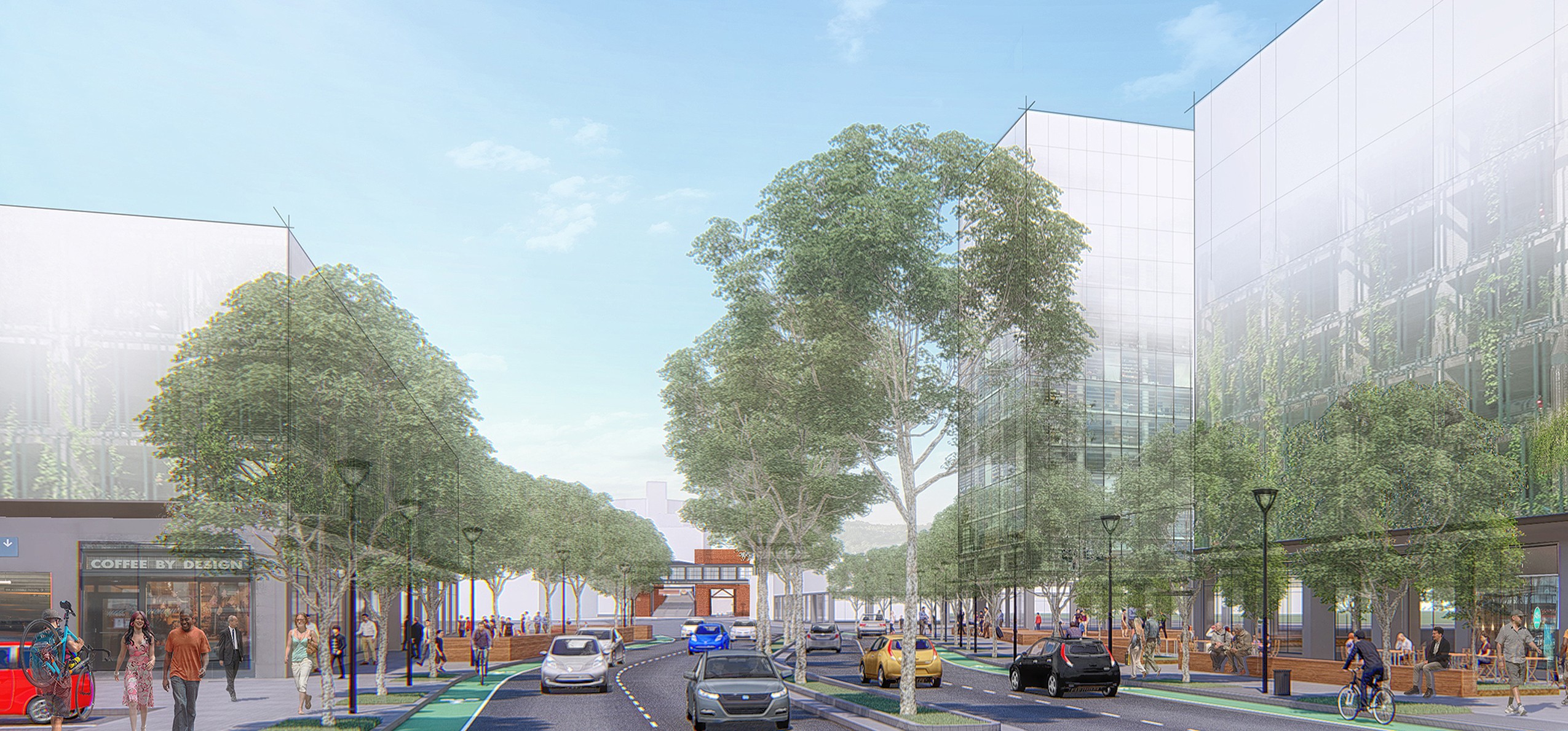 rendering of proposed pedestrian friendly boulevard with transit station in the background