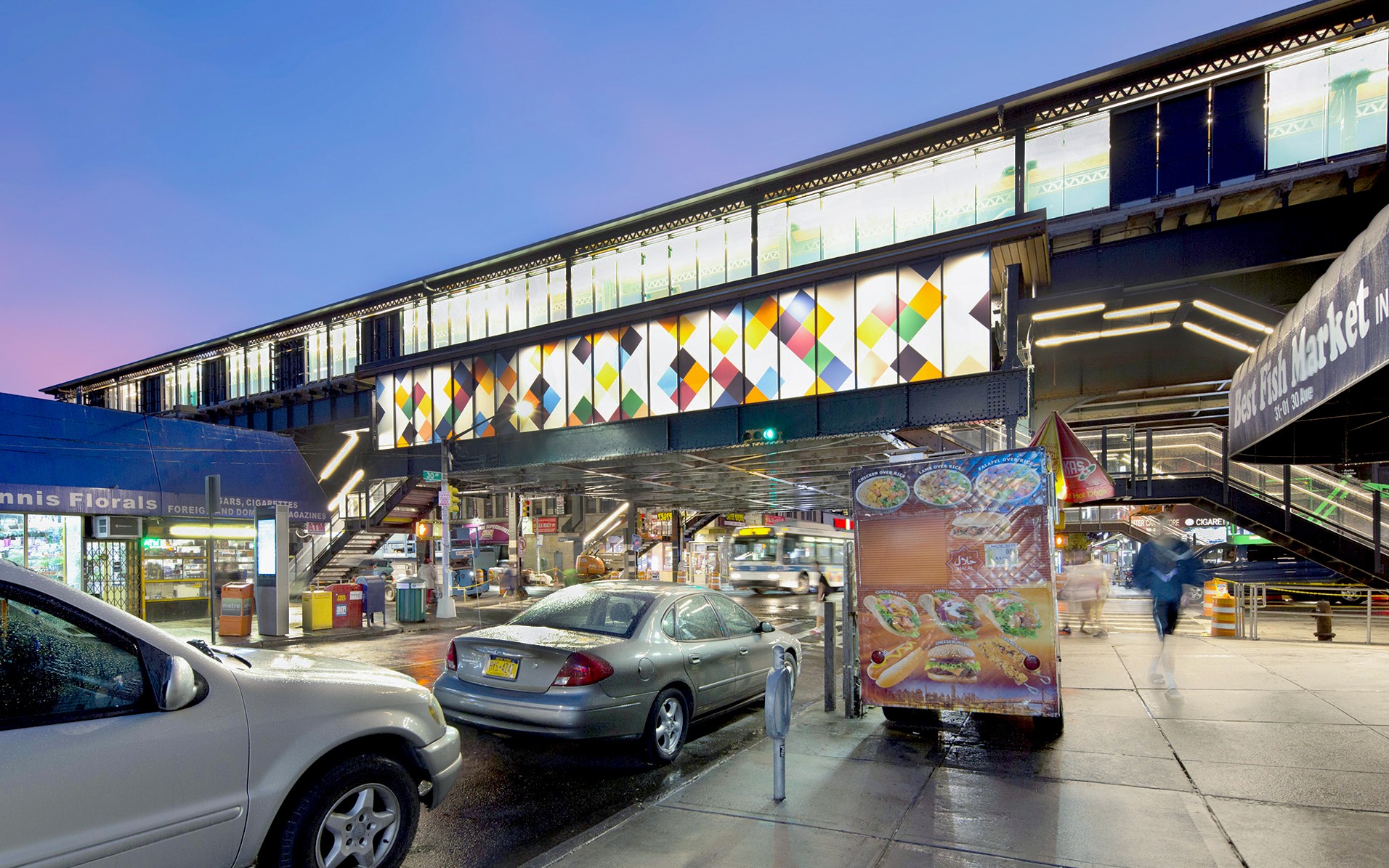 Elevated Astoria subway station at night