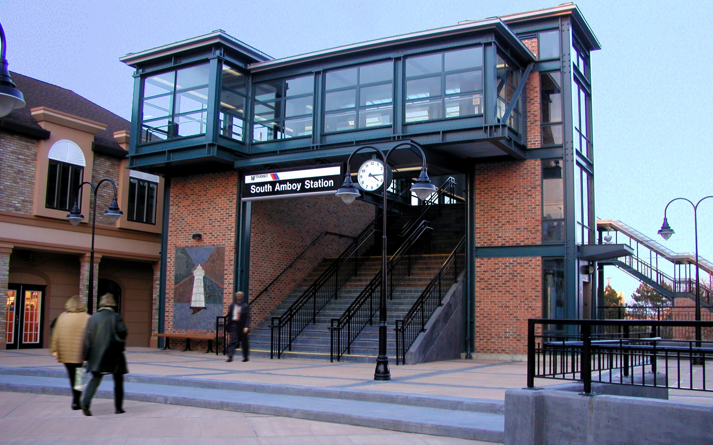 Commuters entering South Amboy Station via the new urban plaza