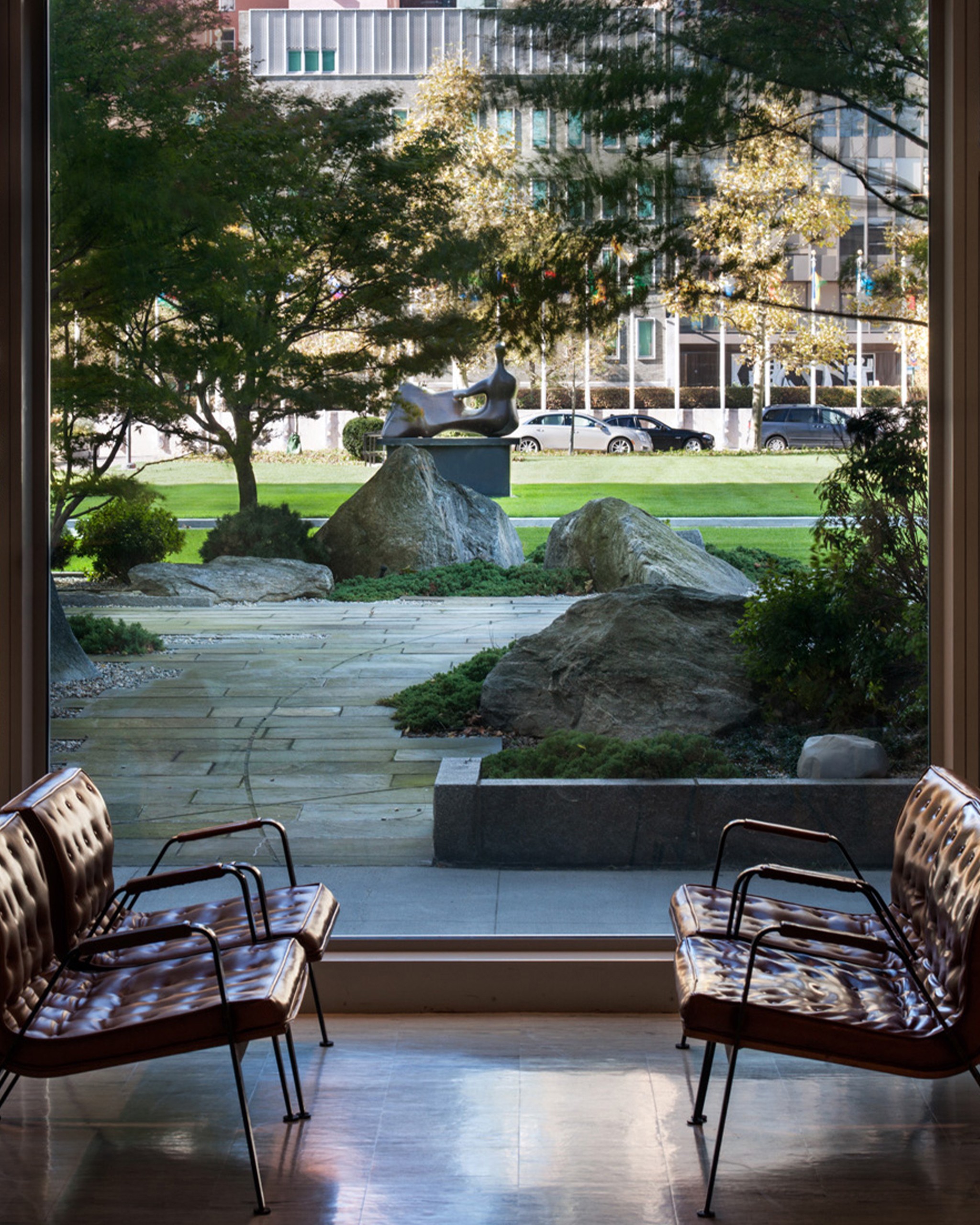 Seating area overlooking the United Nations garden