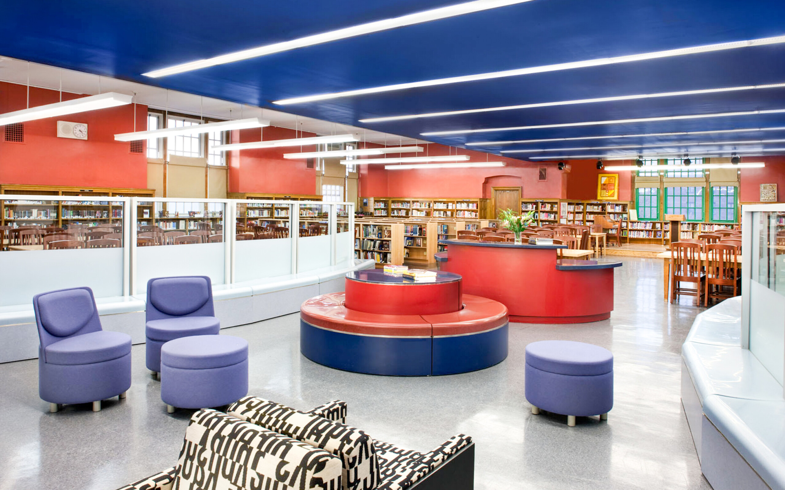 New Visions Public Libraries purple seating area and acoustic panels