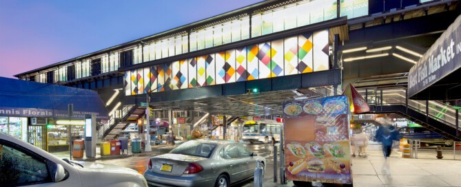 Elevated Astoria subway station at night